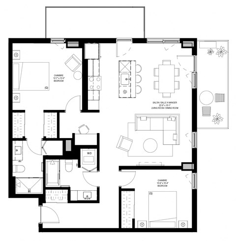 Floor plan for 2 beds, 2 baths, 955 sqft